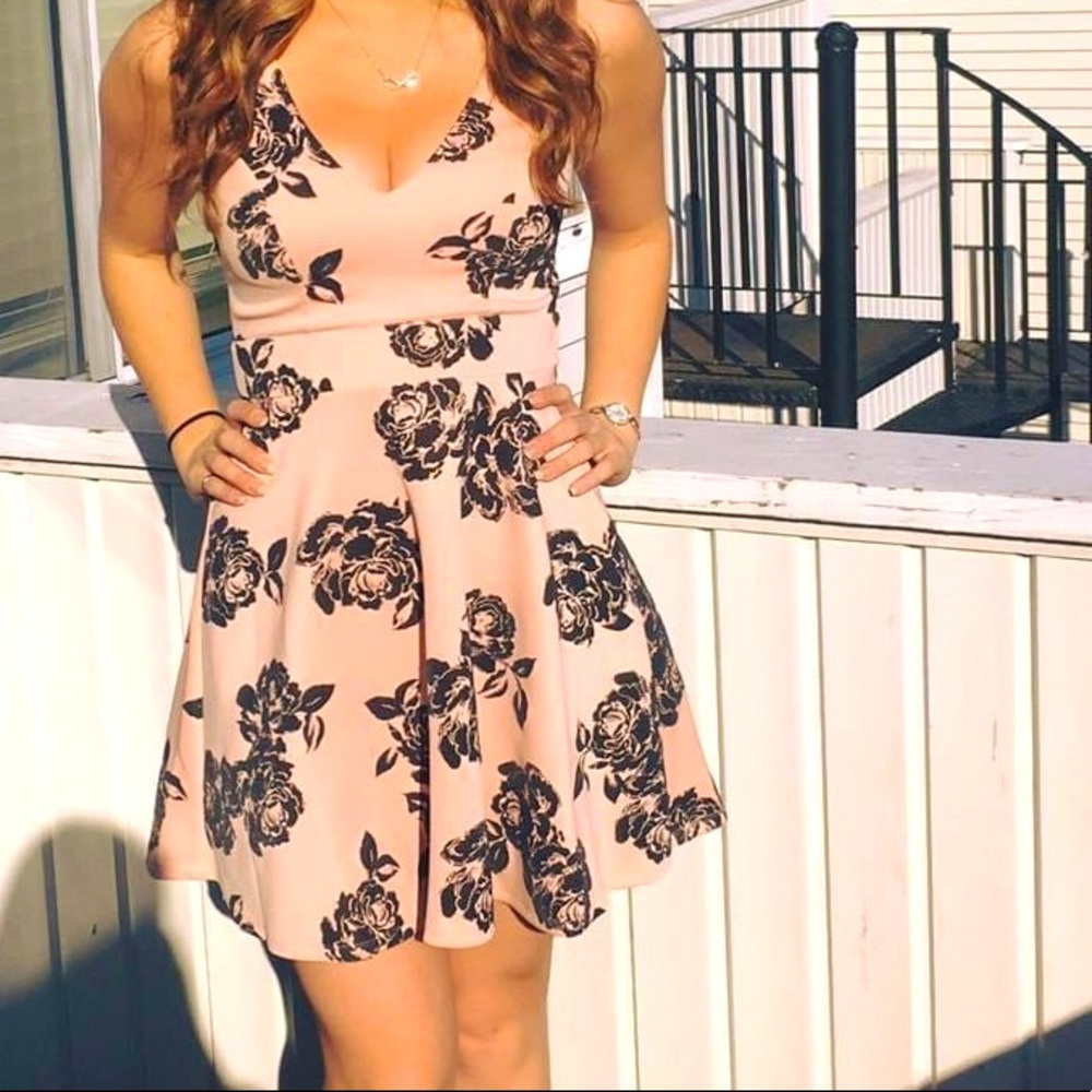 Pink and black rose fit & flare dress